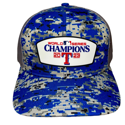 Texas Rangers 2023 World Series Champions Snapback Trucker Hat- Royal Digital Camo