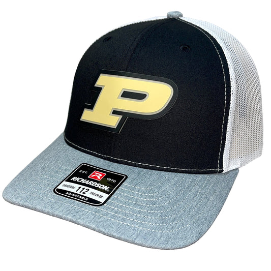 Purdue Boilermakers 3D Snapback Trucker Hat- Black/ White/ Heather Grey - Ten Gallon Hat Co.