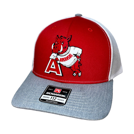 Arkansas Razorbacks- Leaning A 3D Snapback Trucker Hat- Red/ White/ Heather Grey