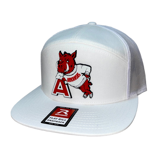 Arkansas Razorbacks- Leaning A 3D Snapback Seven-Panel Trucker Hat- White