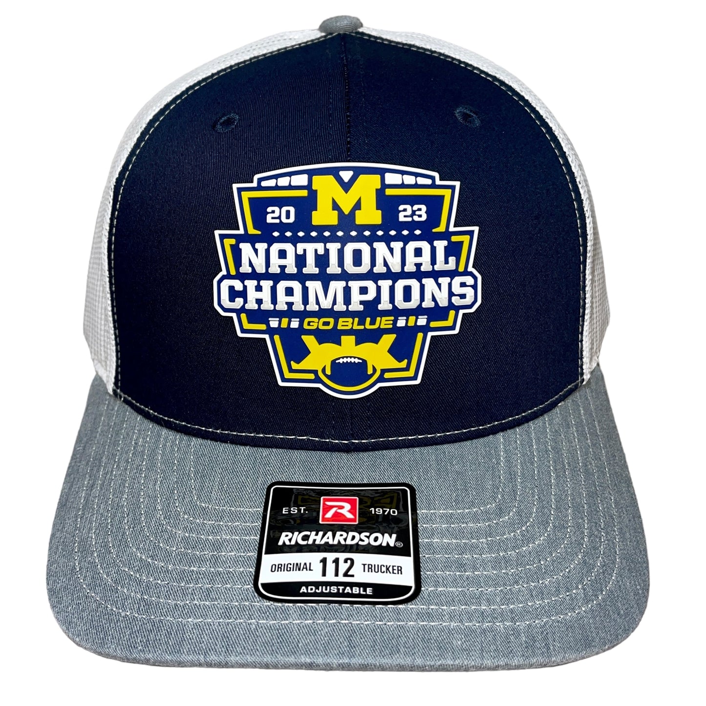 Michigan College Football Playoff 2023 National Champions 3D Snapback Trucker Hat- Navy/ White/ Grey - Ten Gallon Hat Co.