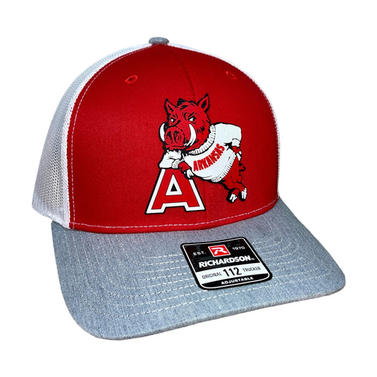 Arkansas Razorbacks- Leaning A 3D Snapback Trucker Hat- Red/ White/ Heather Grey