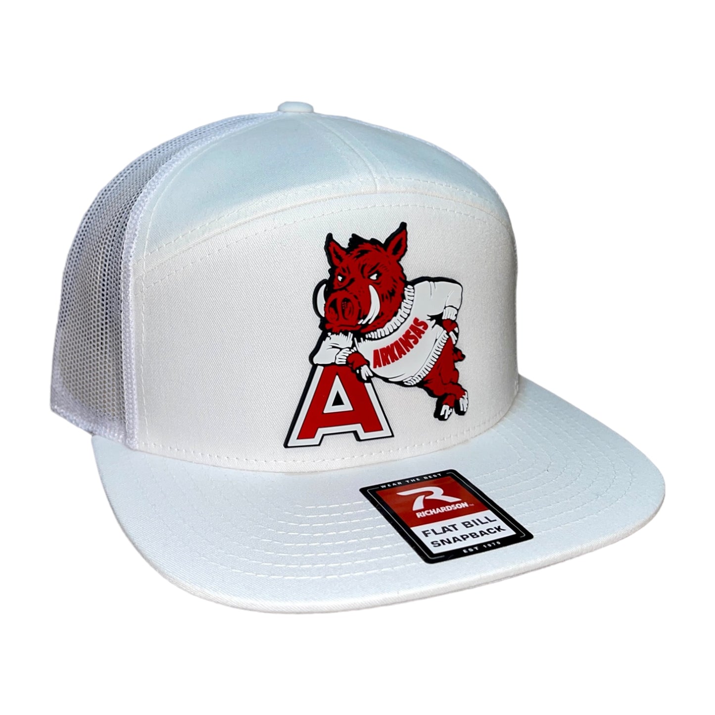 Arkansas Razorbacks- Leaning A 3D Snapback Seven-Panel Trucker Hat- White