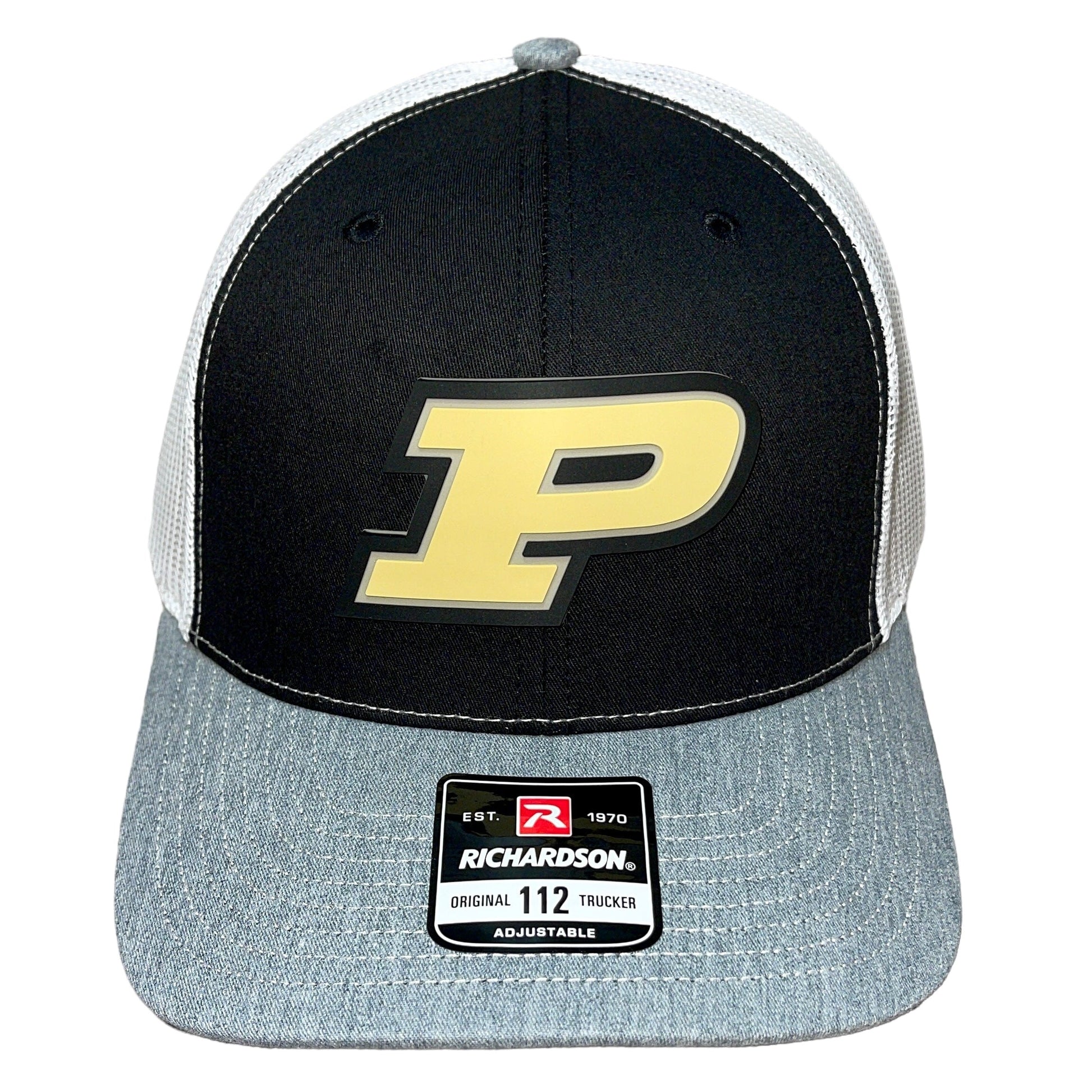 Purdue Boilermakers 3D Snapback Trucker Hat- Black/ White/ Heather Grey - Ten Gallon Hat Co.