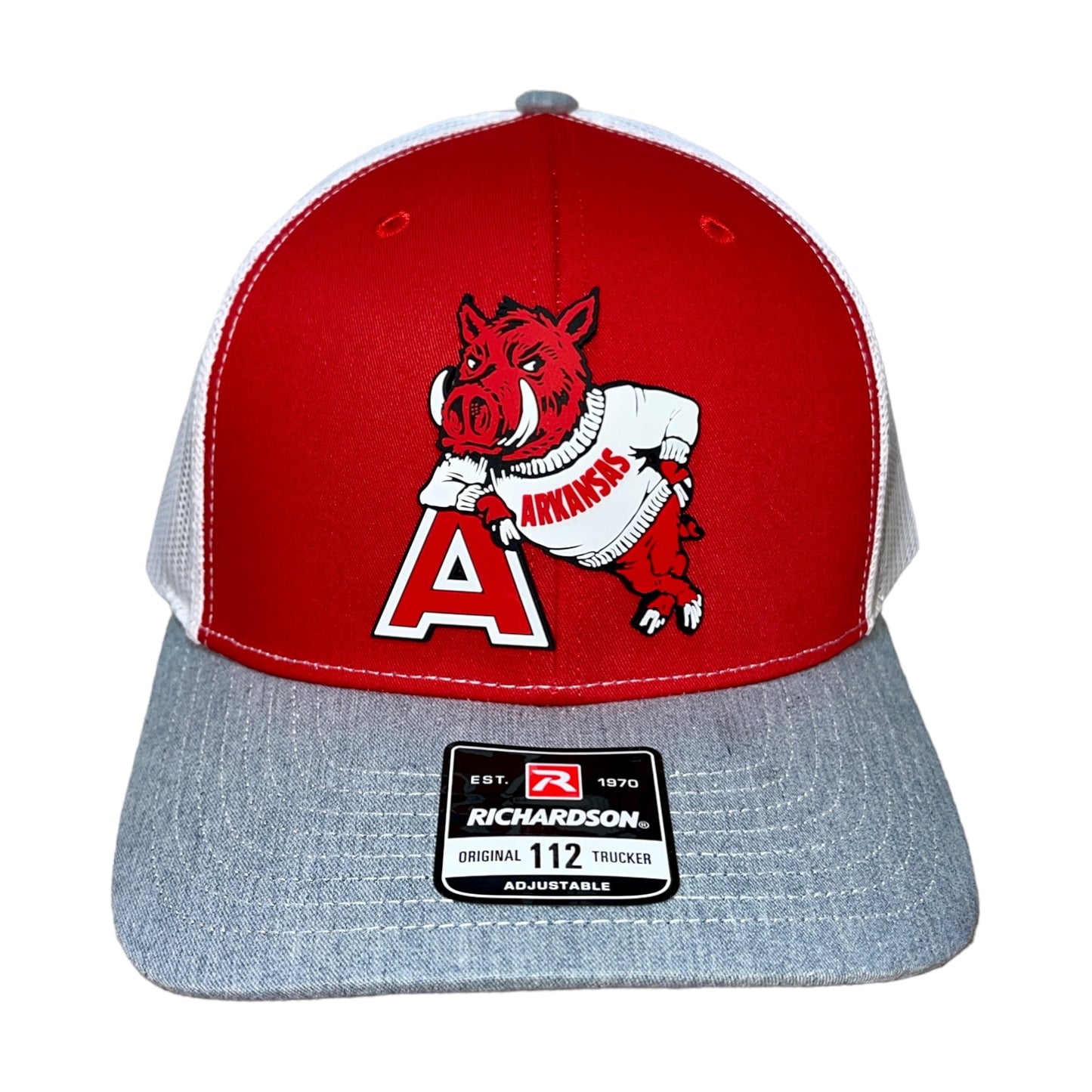 Arkansas Razorbacks- Leaning A 3D Snapback Trucker Hat- Red/ White/ Heather Grey