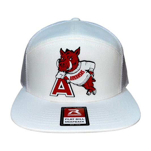 Arkansas Razorbacks- Leaning A 3D Snapback Seven-Panel Trucker Hat- White