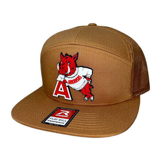 Arkansas Razorbacks- Leaning A 3D Snapback Seven-Panel Trucker Hat- Caramel