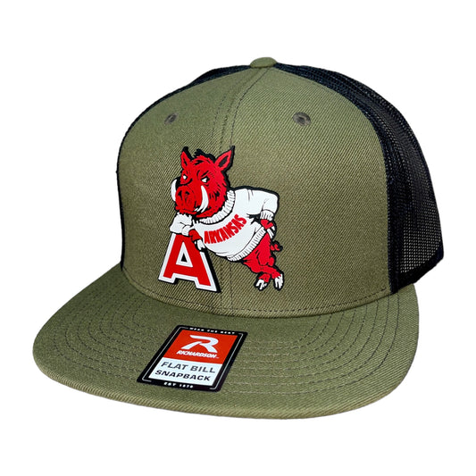 Arkansas Razorbacks- Leaning A 3D Wool Blend Flat Bill Hat- Loden/ Black