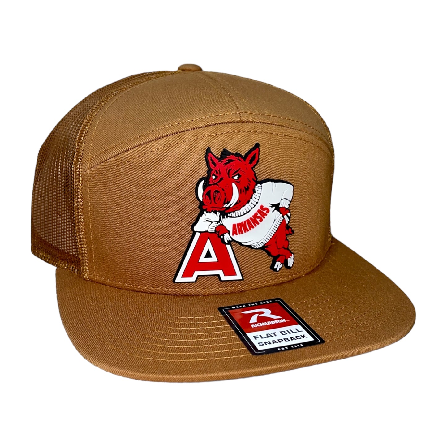 Arkansas Razorbacks- Leaning A 3D Snapback Seven-Panel Trucker Hat- Caramel