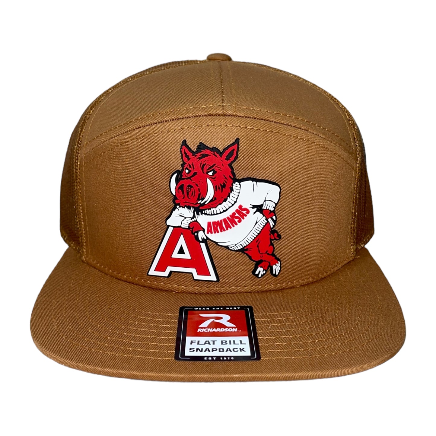 Arkansas Razorbacks- Leaning A 3D Snapback Seven-Panel Trucker Hat- Caramel