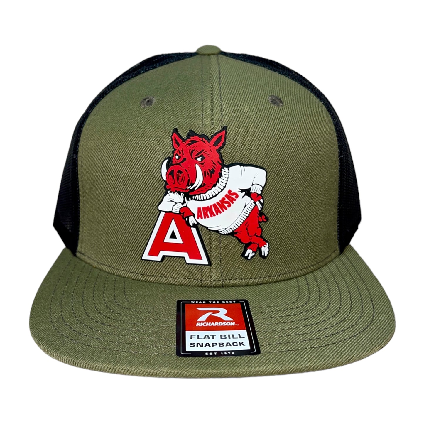 Arkansas Razorbacks- Leaning A 3D Wool Blend Flat Bill Hat- Loden/ Black