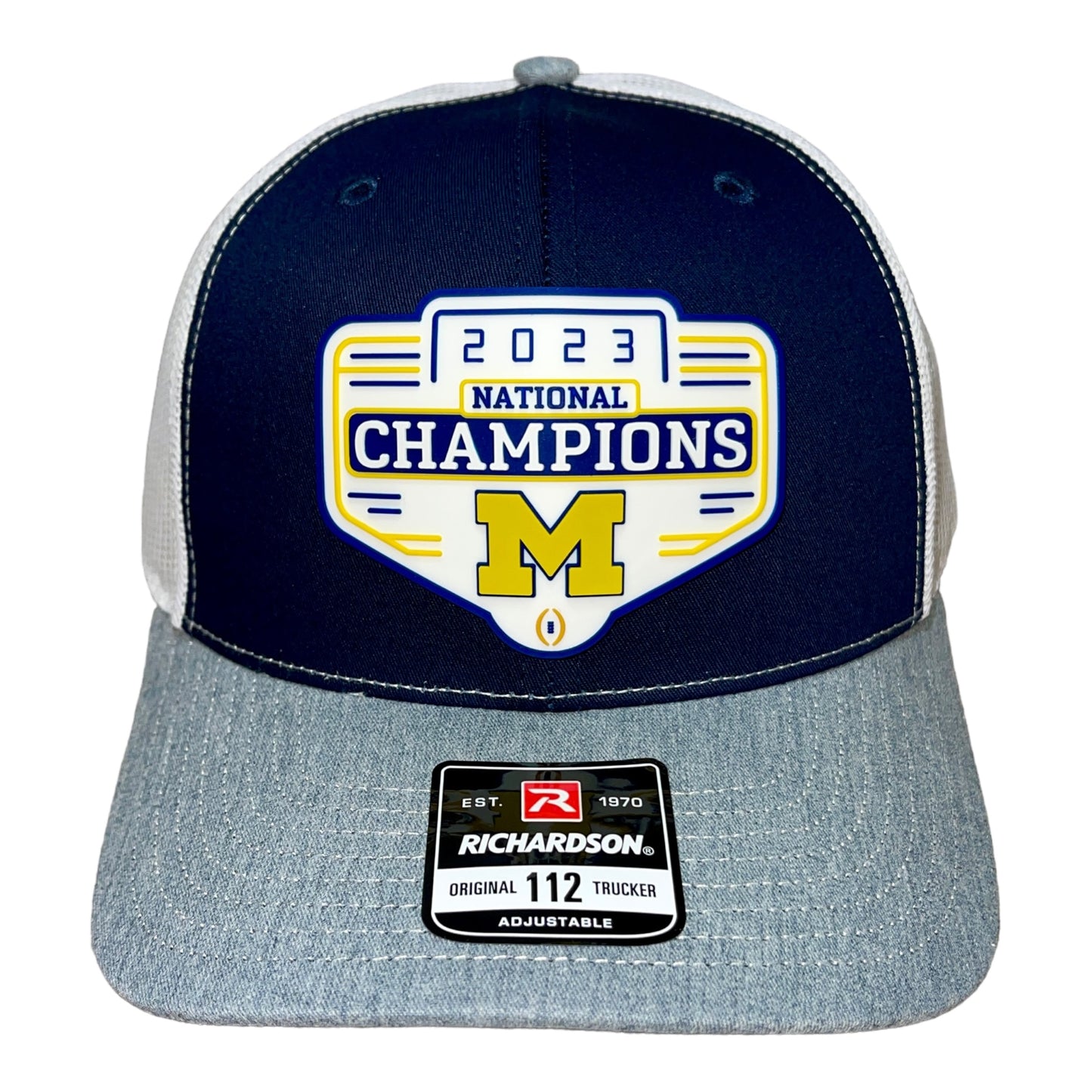 Michigan Wolverines 2023 National Champions 3D Snapback Trucker Hat- Navy/ White/ Grey