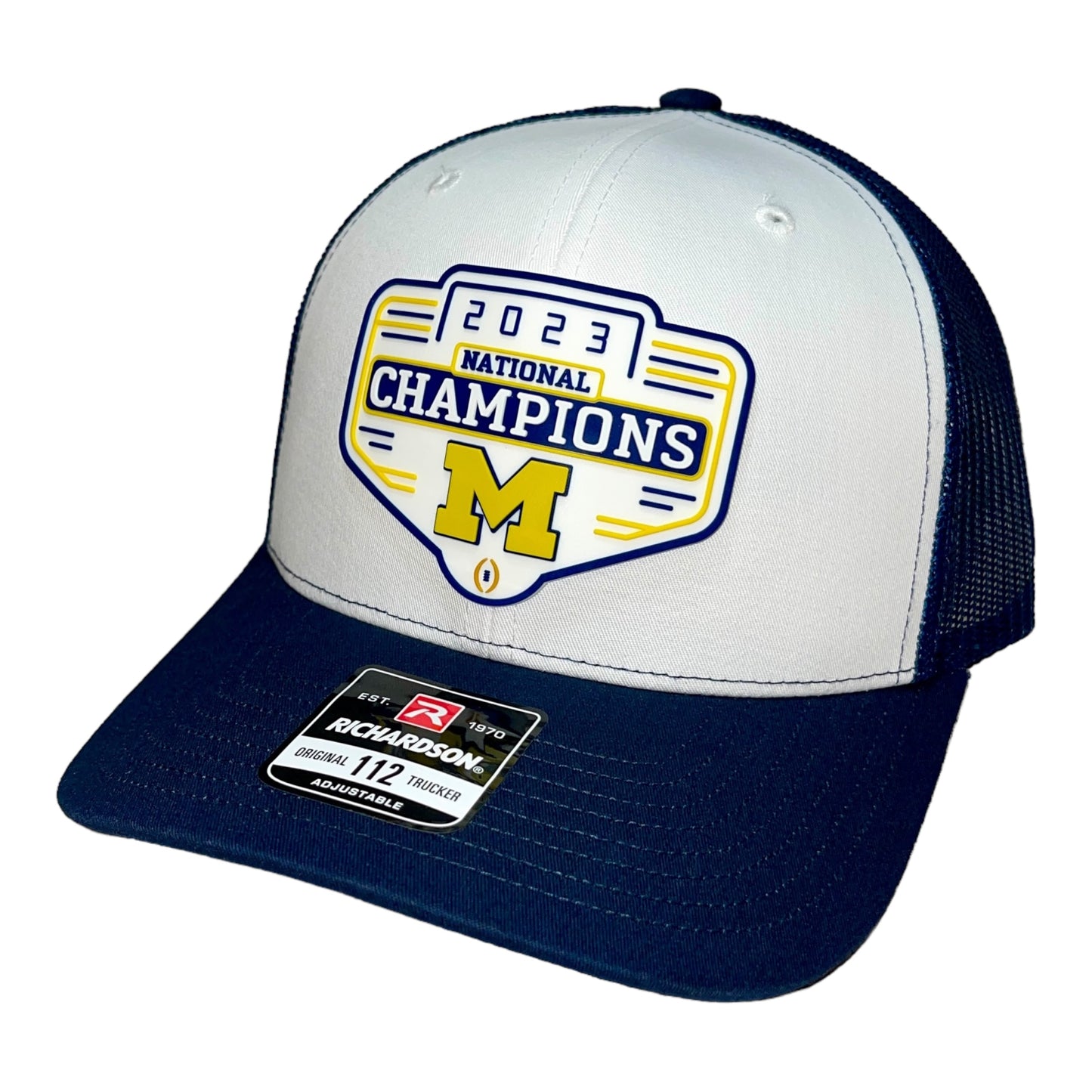 Michigan Wolverines 2023 National Champions 3D Snapback Trucker Hat- White/ Navy