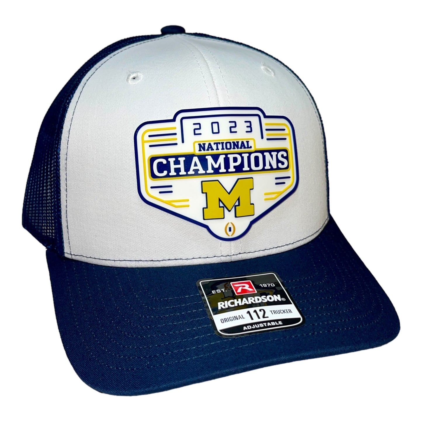 Michigan Wolverines 2023 National Champions 3D Snapback Trucker Hat- White/ Navy