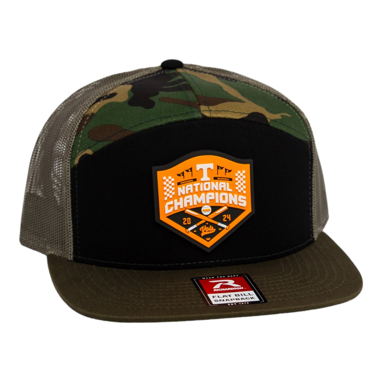 Tennessee Volunteers 2024 Men's College World Series Champions 3D Snapback Seven-Panel Flat Bill Trucker Hat- Black/ Camo/ Loden