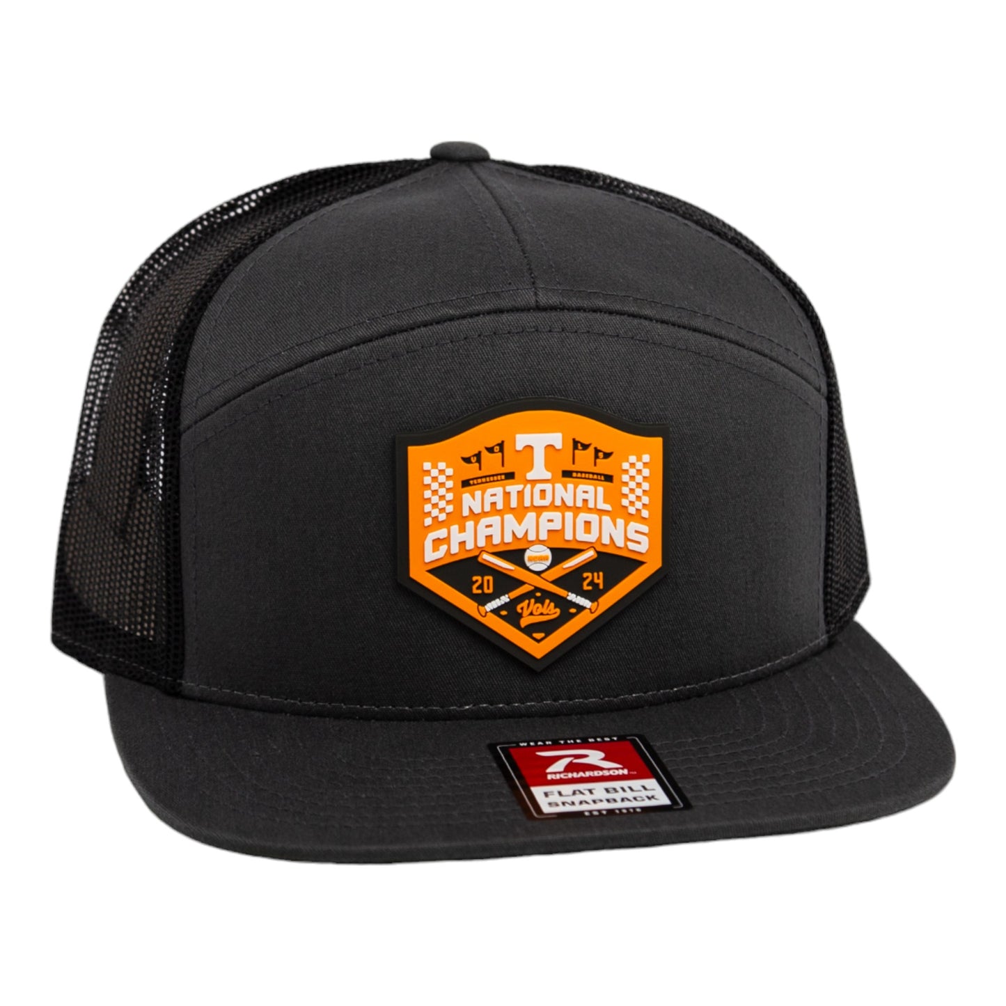 Tennessee Volunteers 2024 Men's College World Series Champions 3D Snapback Seven-Panel Flat Bill Trucker Hat- Charcoal/ Black