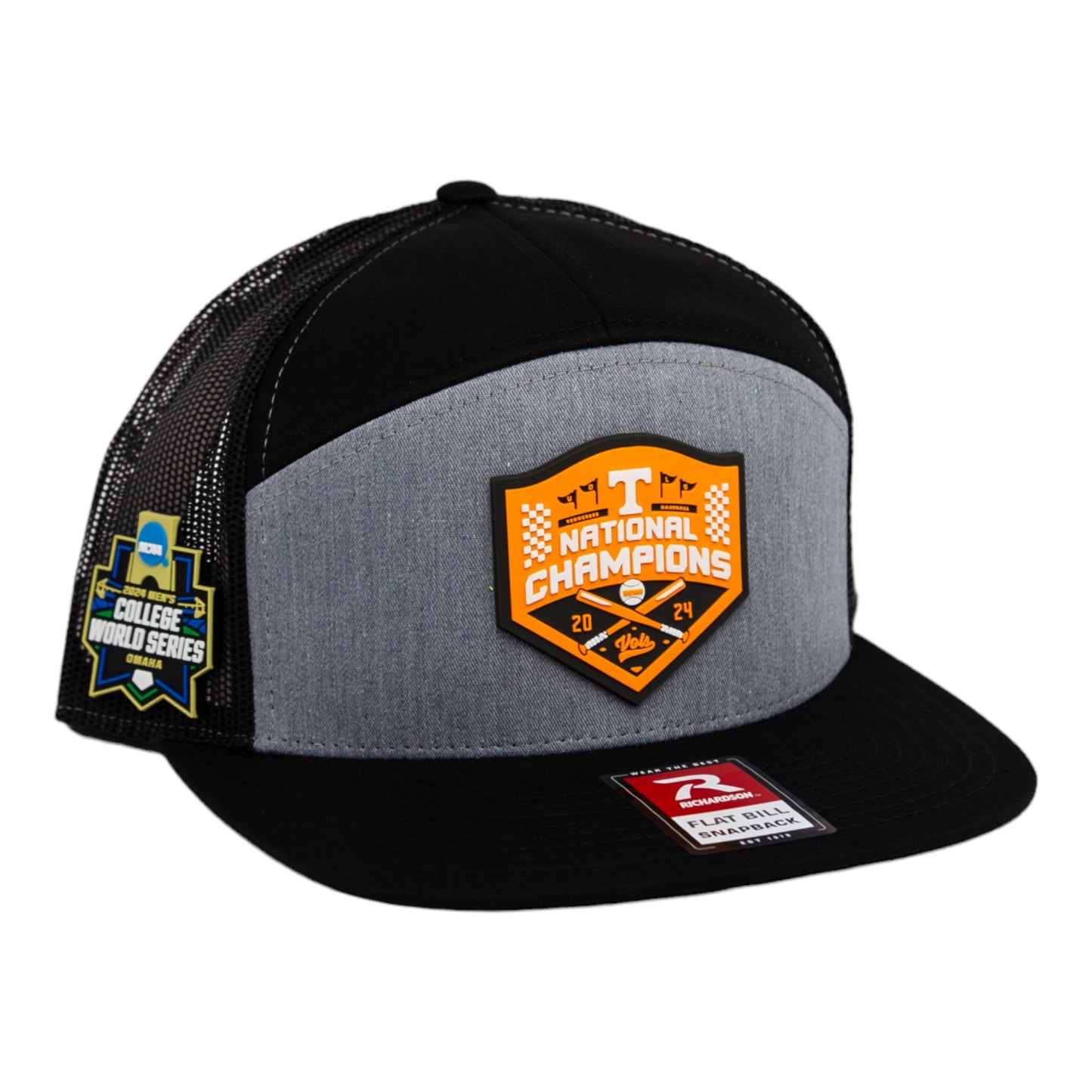 Tennessee Volunteers 2024 NCAA Men's College World Series Champions 3D Snapback Seven-Panel Flat Bill Trucker Hat- Heather Grey/ Black