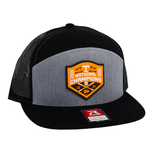 Tennessee Volunteers 2024 Men's College World Series Champions 3D Snapback Seven-Panel Flat Bill Trucker Hat- Heather Grey/ Black