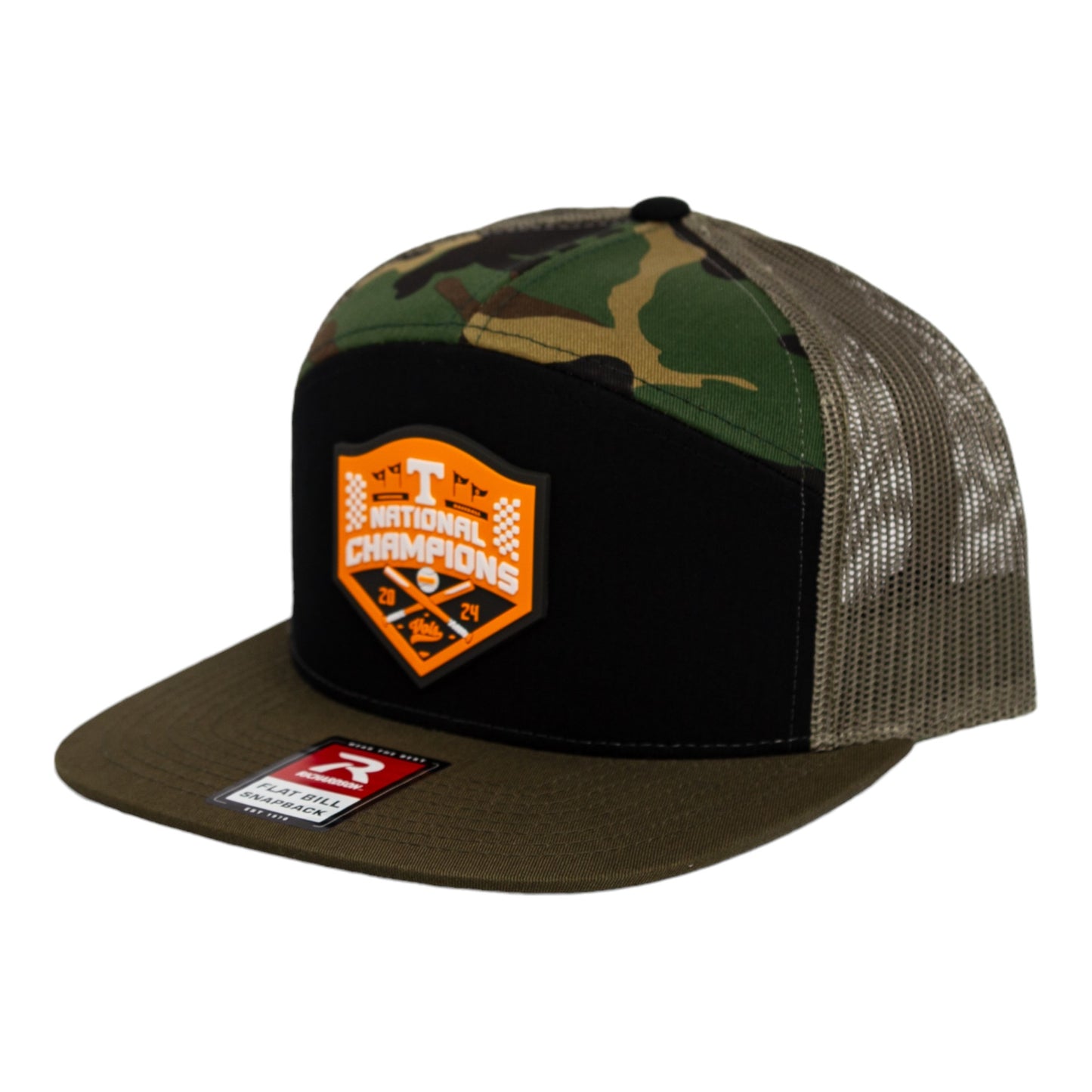 Tennessee Volunteers 2024 NCAA Men's College World Series Champions 3D Snapback Seven-Panel Flat Bill Trucker Hat- Black/ Camo/ Loden