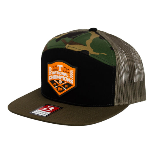 Tennessee Volunteers 2024 Men's College World Series Champions 3D Snapback Seven-Panel Flat Bill Trucker Hat- Black/ Camo/ Loden