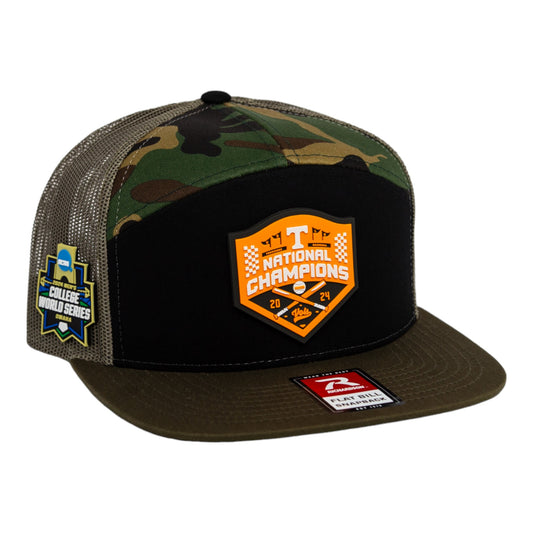 Tennessee Volunteers 2024 NCAA Men's College World Series Champions 3D Snapback Seven-Panel Flat Bill Trucker Hat- Black/ Camo/ Loden