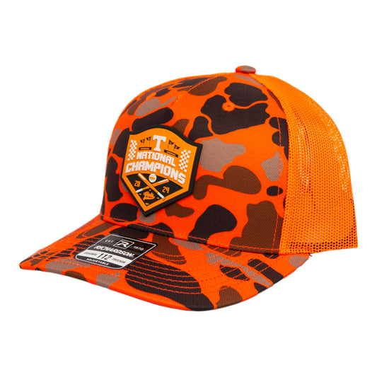 Tennessee Volunteers 2024 Men's College World Series Champions 3D Snapback Trucker Hat- Blaze Duck Camo/ Blaze