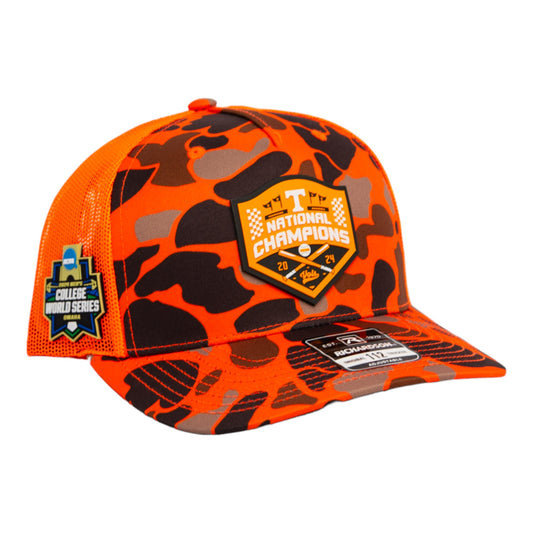 Tennessee Volunteers 2024 NCAA Men's College World Series Champions 3D Snapback Trucker Hat- Blaze Duck Camo/ Blaze