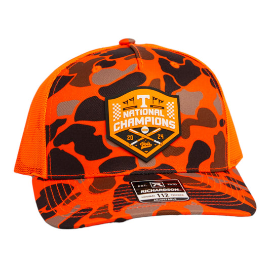 Tennessee Volunteers 2024 Men's College World Series Champions 3D Snapback Trucker Hat- Blaze Duck Camo/ Blaze