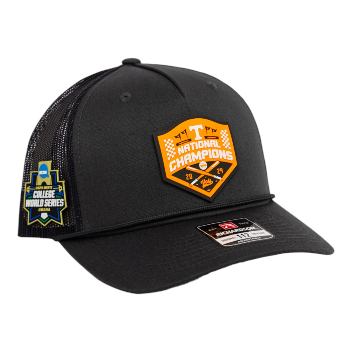 Tennessee Volunteers 2024 NCAA Men's College World Series Champions 3D Snapback Trucker Rope Hat- Charcoal