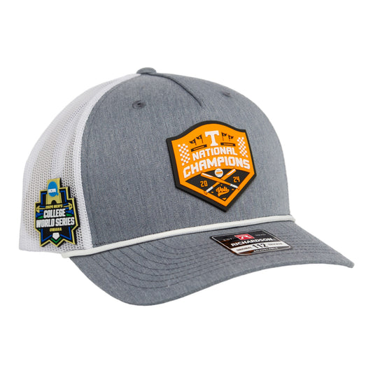 Tennessee Volunteers 2024 NCAA Men's College World Series Champions 3D Snapback Trucker Rope Hat- Heather Grey/ White