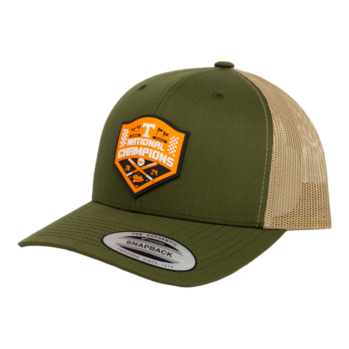 Tennessee Volunteers 2024 Men's College World Series Champions 3D YP Snapback Trucker Hat- Moss/ Tan