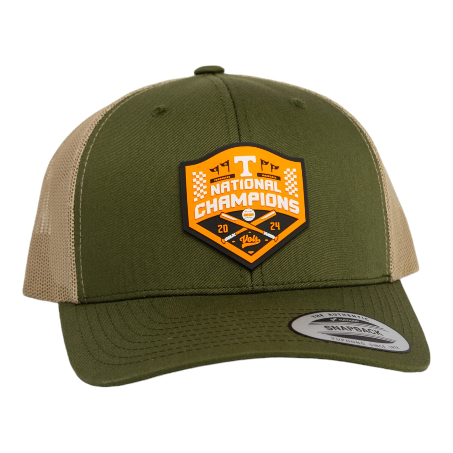 Tennessee Volunteers 2024 Men's College World Series Champions 3D YP Snapback Trucker Hat- Moss/ Tan