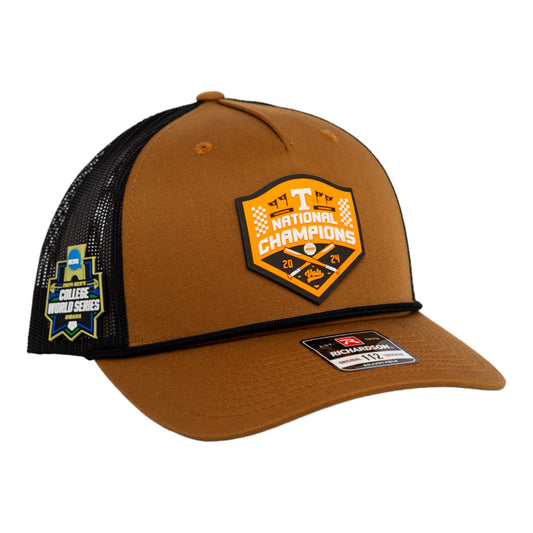 Tennessee Volunteers 2024 NCAA Men's College World Series Champions 3D Snapback Trucker Rope Hat- Carmel/ Black