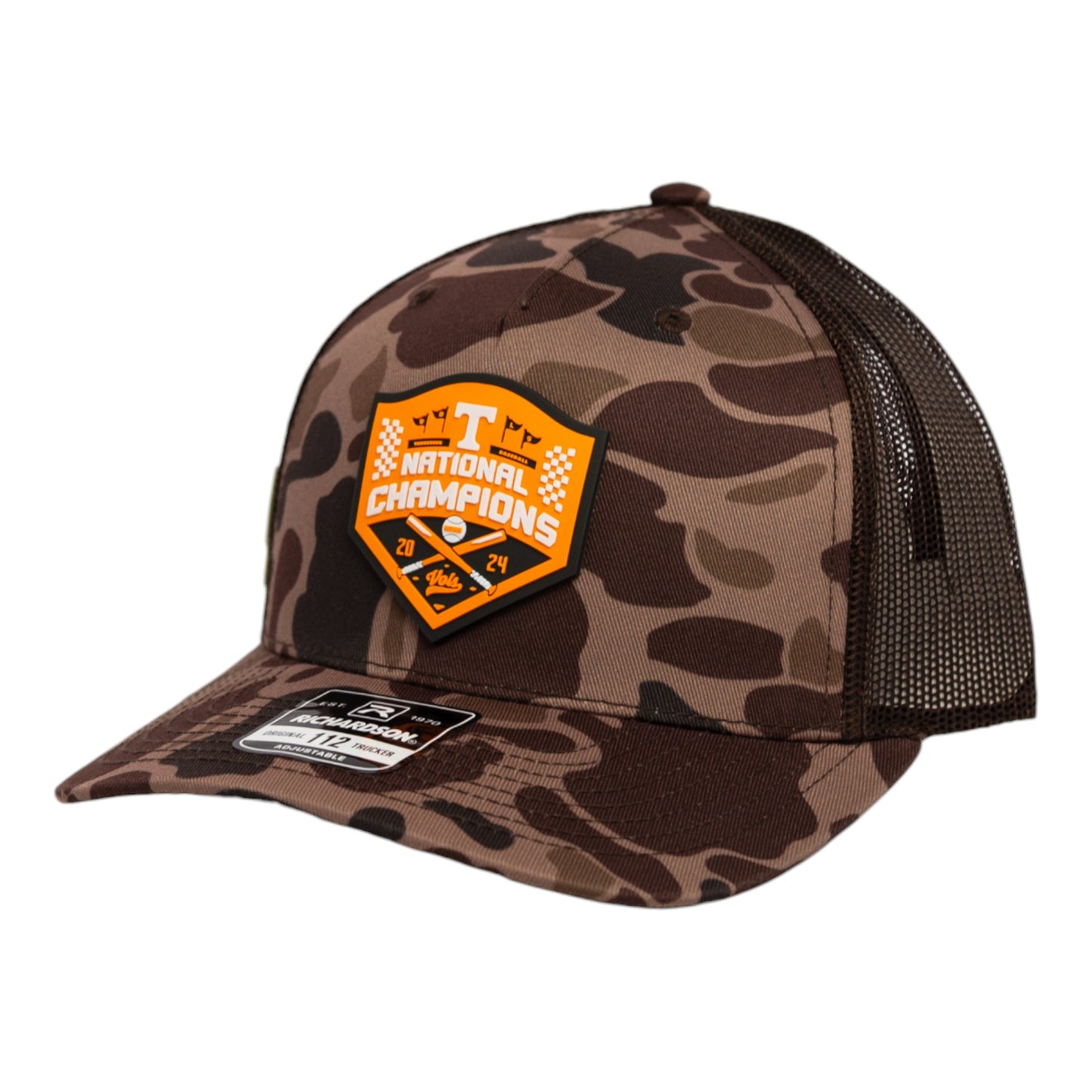 Tennessee Volunteers 2024 Men's College World Series Champions 3D Snapback Trucker Hat- Bark Duck Camo/ Brown