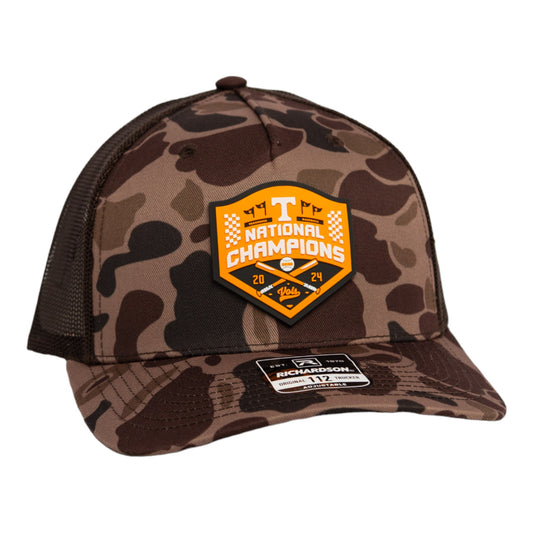 Tennessee Volunteers 2024 Men's College World Series Champions 3D Snapback Trucker Hat- Bark Duck Camo/ Brown