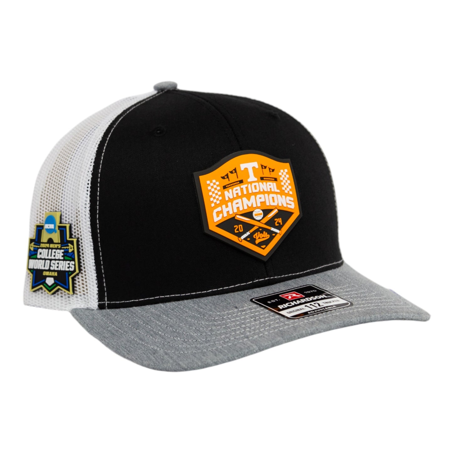 Tennessee Volunteers 2024 NCAA Men's College World Series Champions 3D Snapback Trucker Hat- Black/ White/ Heather Grey