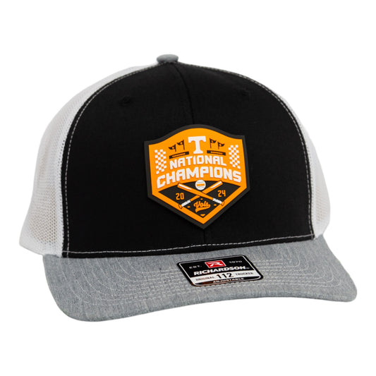 Tennessee Volunteers 2024 Men's College World Series Champions 3D Snapback Trucker Hat- Black/ White/ Heather Grey