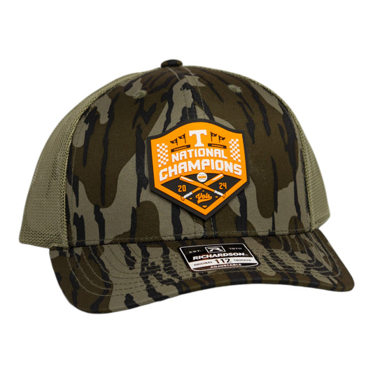 Tennessee Volunteers 2024 Men's College World Series Champions 3D Snapback Trucker Hat- Mossy Oak Bottomland/ Loden