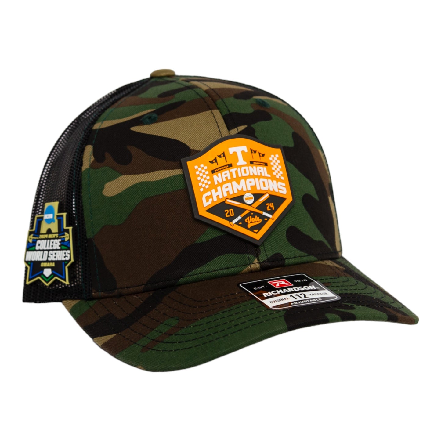 Tennessee Volunteers 2024 NCAA Men's College World Series Champions 3D Snapback Trucker Hat- Army Camo/ Black