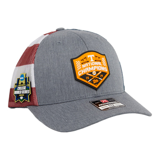 Tennessee Volunteers 2024 NCAA Men's College World Series Champions 3D Snapback Trucker Hat- Heather Grey/ Stars & Stripes