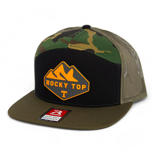 Tennessee Volunteers Rocky Top 3D Snapback Seven-Panel Flat Bill Trucker Hat- Black/ Camo/ Loden