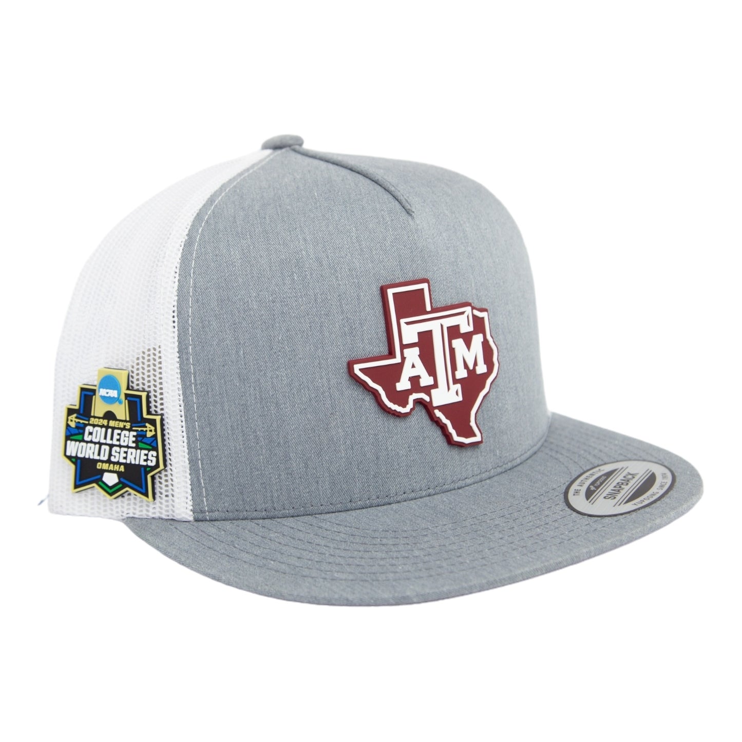 Texas A&M Aggies 2024 Men's College World Series 3D YP Snapback Flat Bill Trucker Hat- Heather Grey/ White