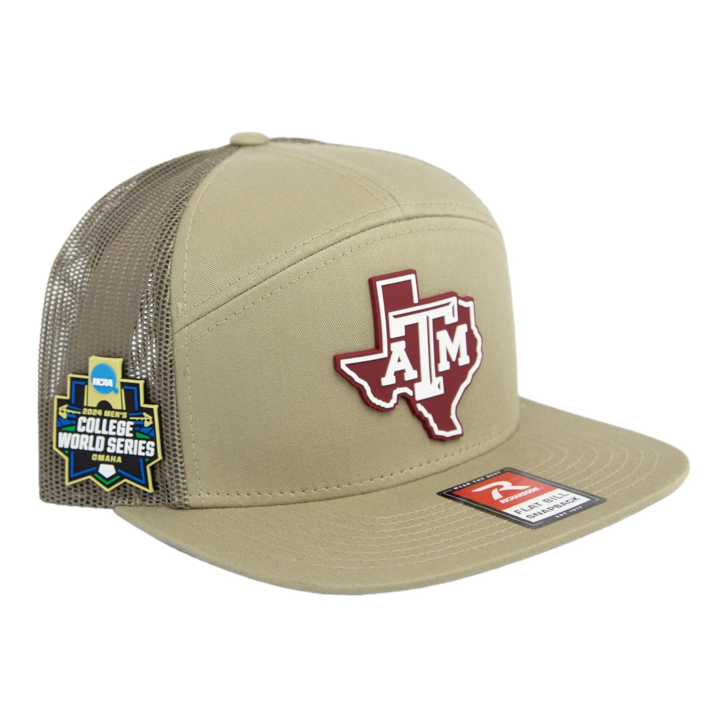 Texas A&M Aggies 2024 Men's College World Series 3D Snapback Seven-Panel Flat Bill Trucker Hat- Pale Khaki/ Loden