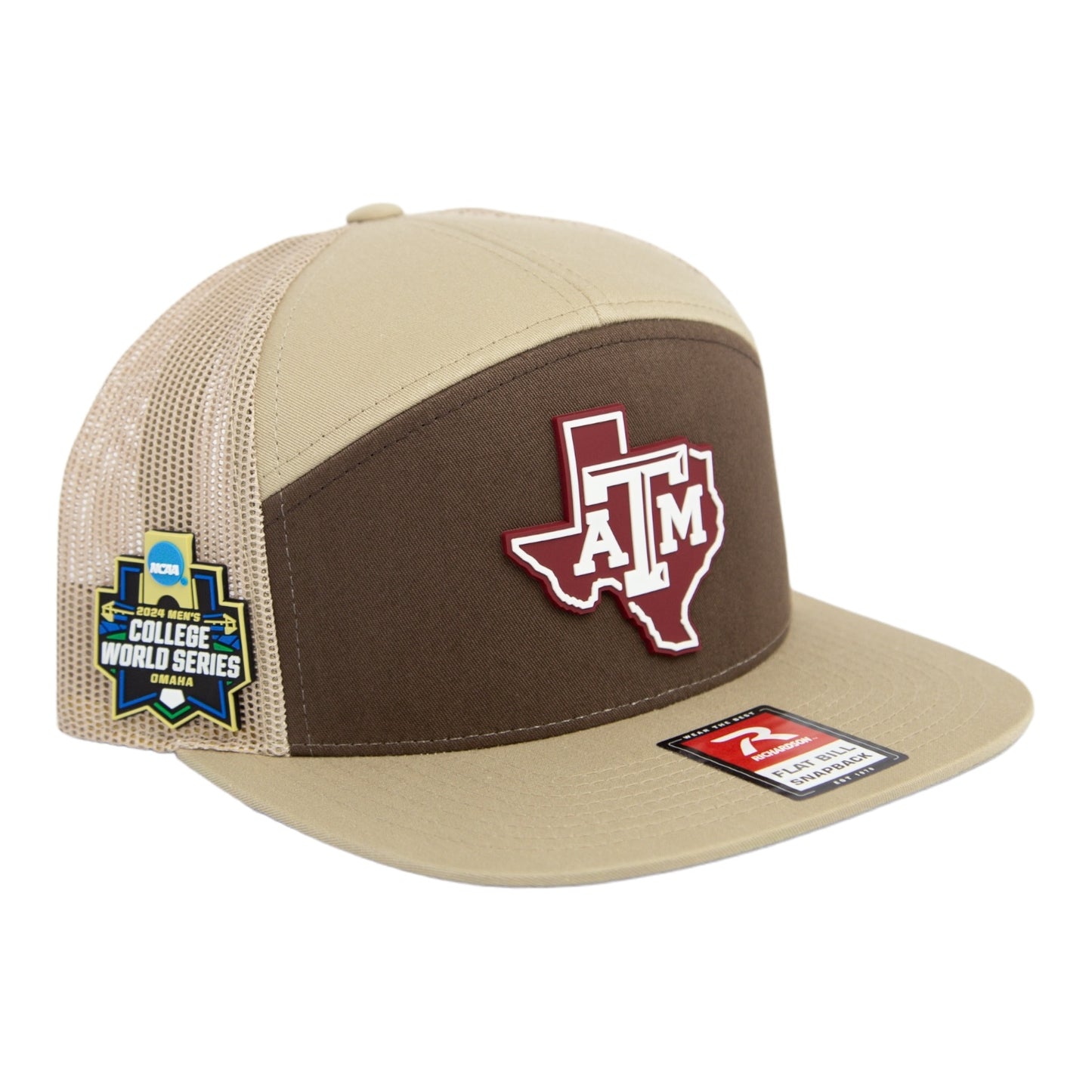 Texas A&M Aggies 2024 Men's College World Series 3D Snapback Seven-Panel Flat Bill Trucker Hat- Brown/ Tan