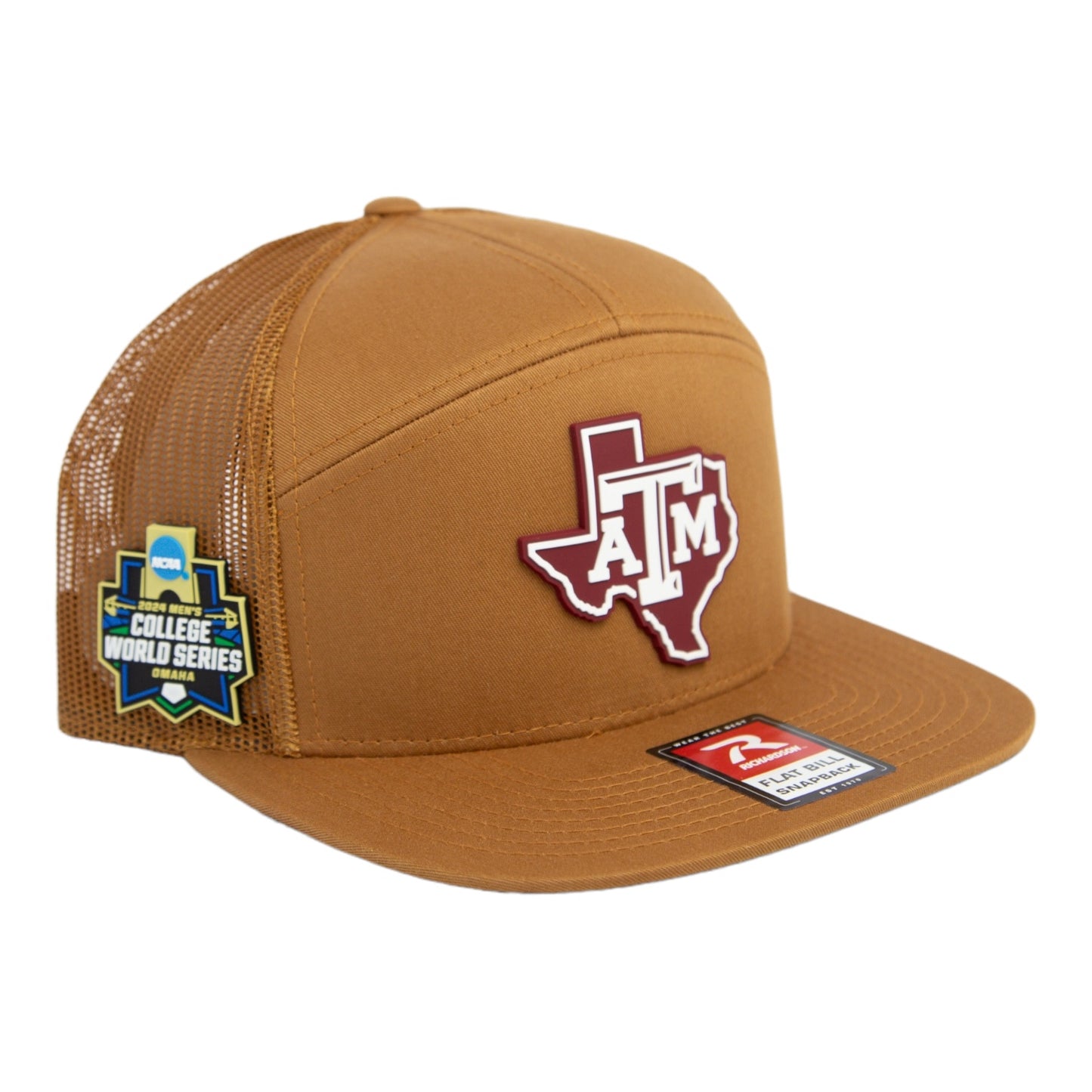 Texas A&M Aggies 2024 Men's College World Series 3D Snapback Seven-Panel Flat Bill Trucker Hat- Caramel