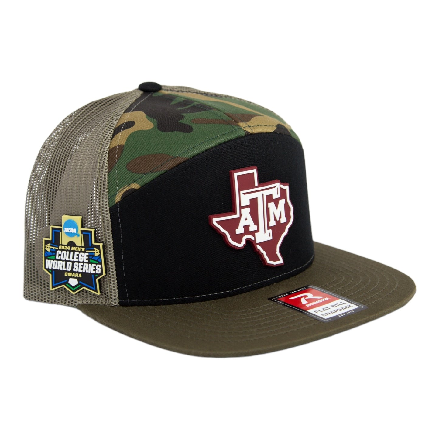 Texas A&M Aggies 2024 Men's College World Series 3D Snapback Seven-Panel Flat Bill Trucker Hat- Black/ Camo/ Loden