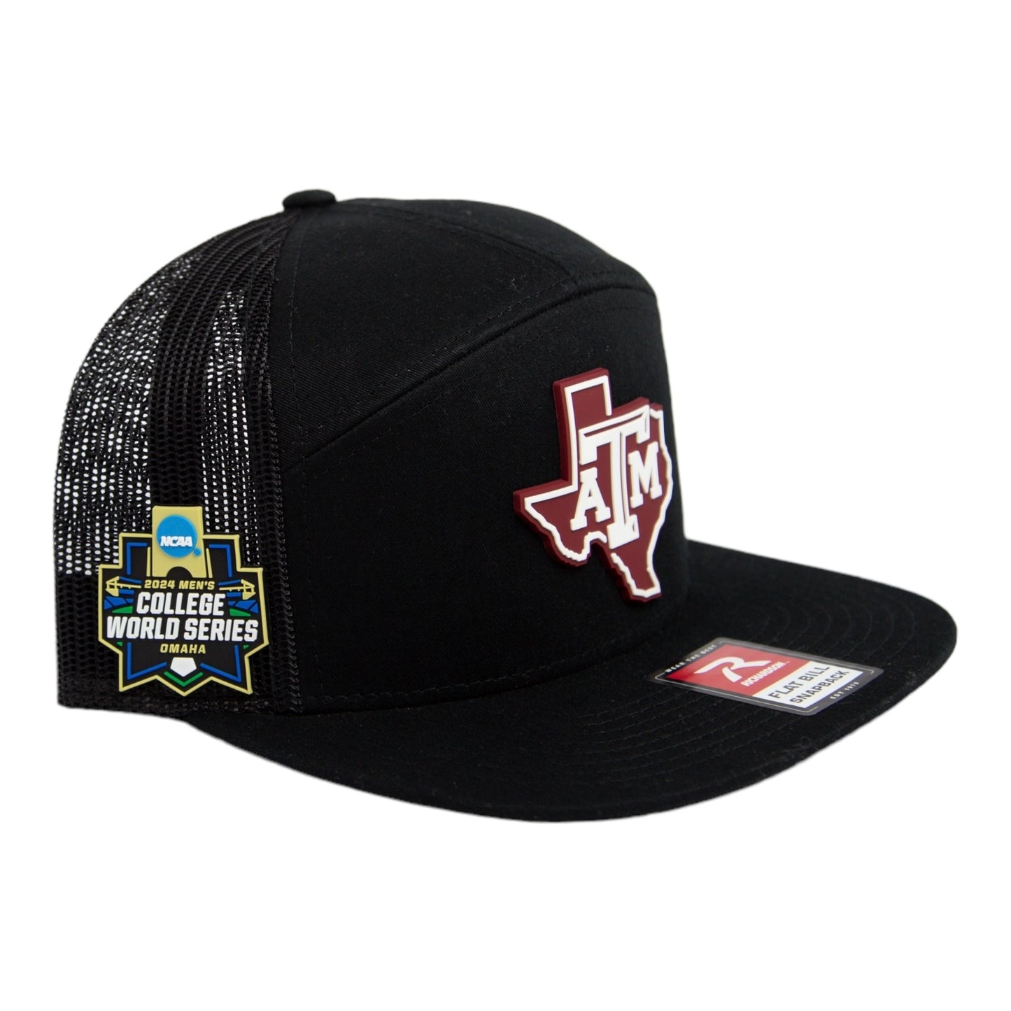 Texas A&M Aggies 2024 Men's College World Series 3D Snapback Seven-Panel Flat Bill Trucker Hat- Black