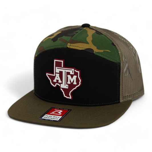 Texas A&M Aggies 3D Snapback Seven-Panel Flat Bill Trucker Hat- Black/ Camo/ Loden