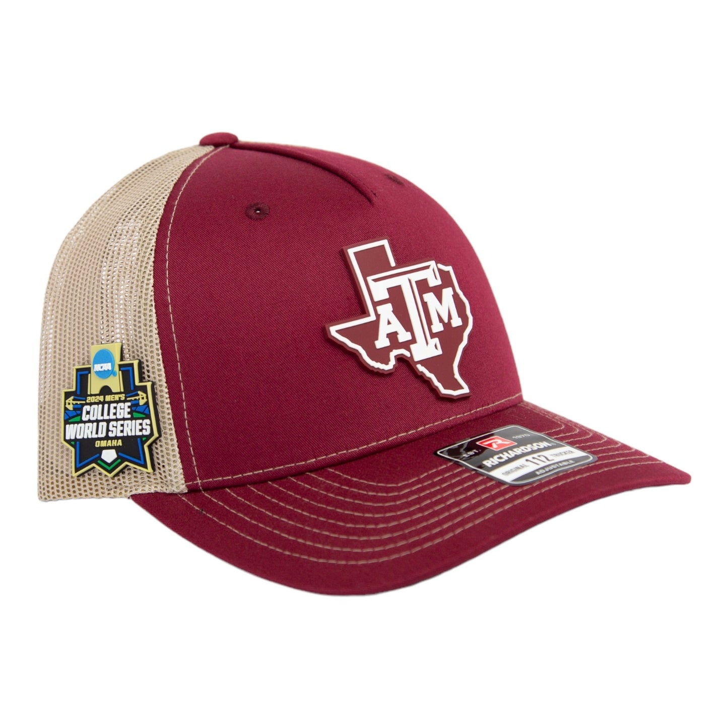 Texas A&M Aggies 2024 Men's College World Series 3D Snapback Trucker Hat- Cardinal/ Tan