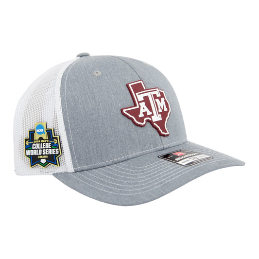 Texas A&M Aggies 2024 Men's College World Series 3D Snapback Trucker Hat- Heather Grey/ White